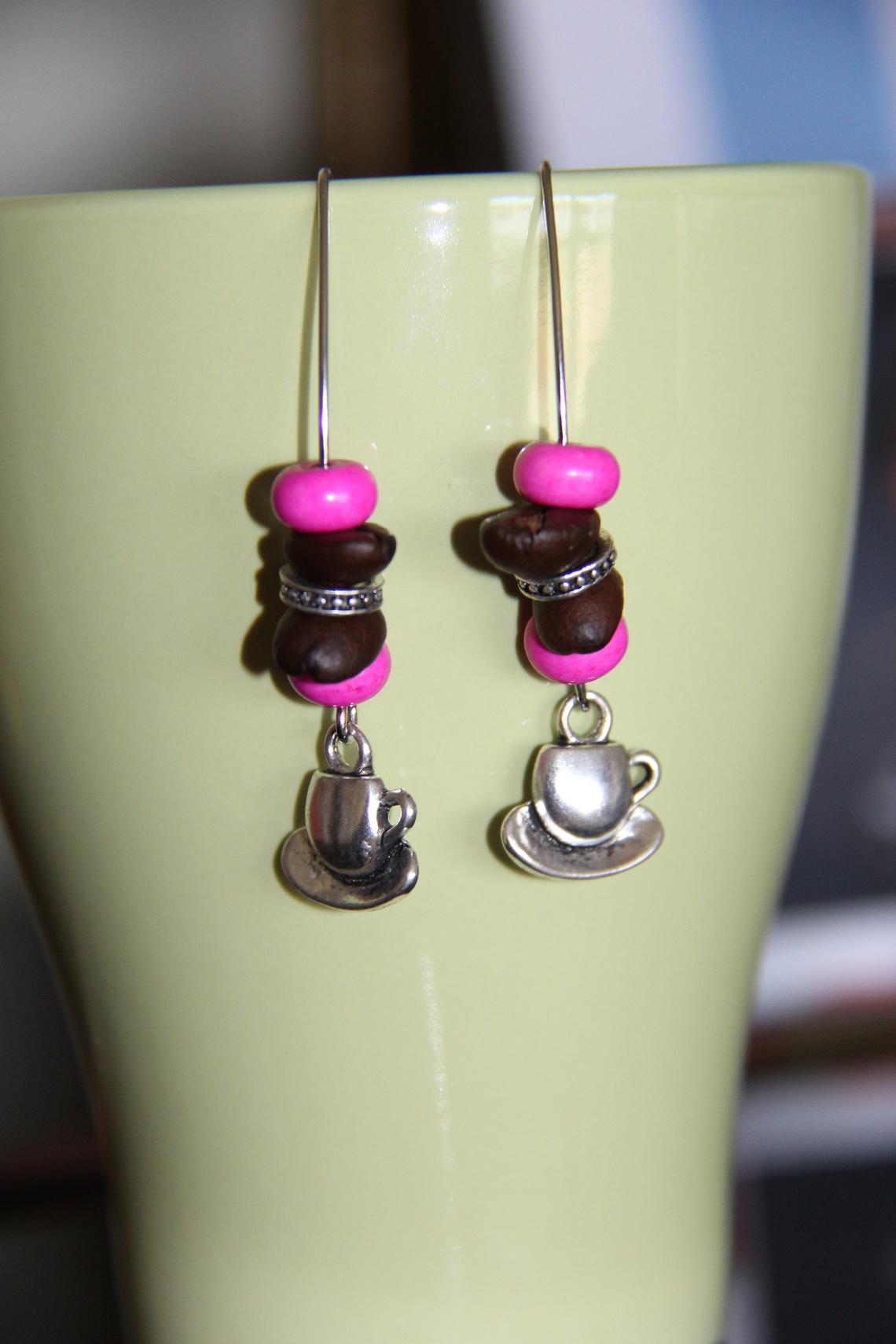 Natural coffee beans with purple, green, yellow, pink, blue howlite beads ear rings