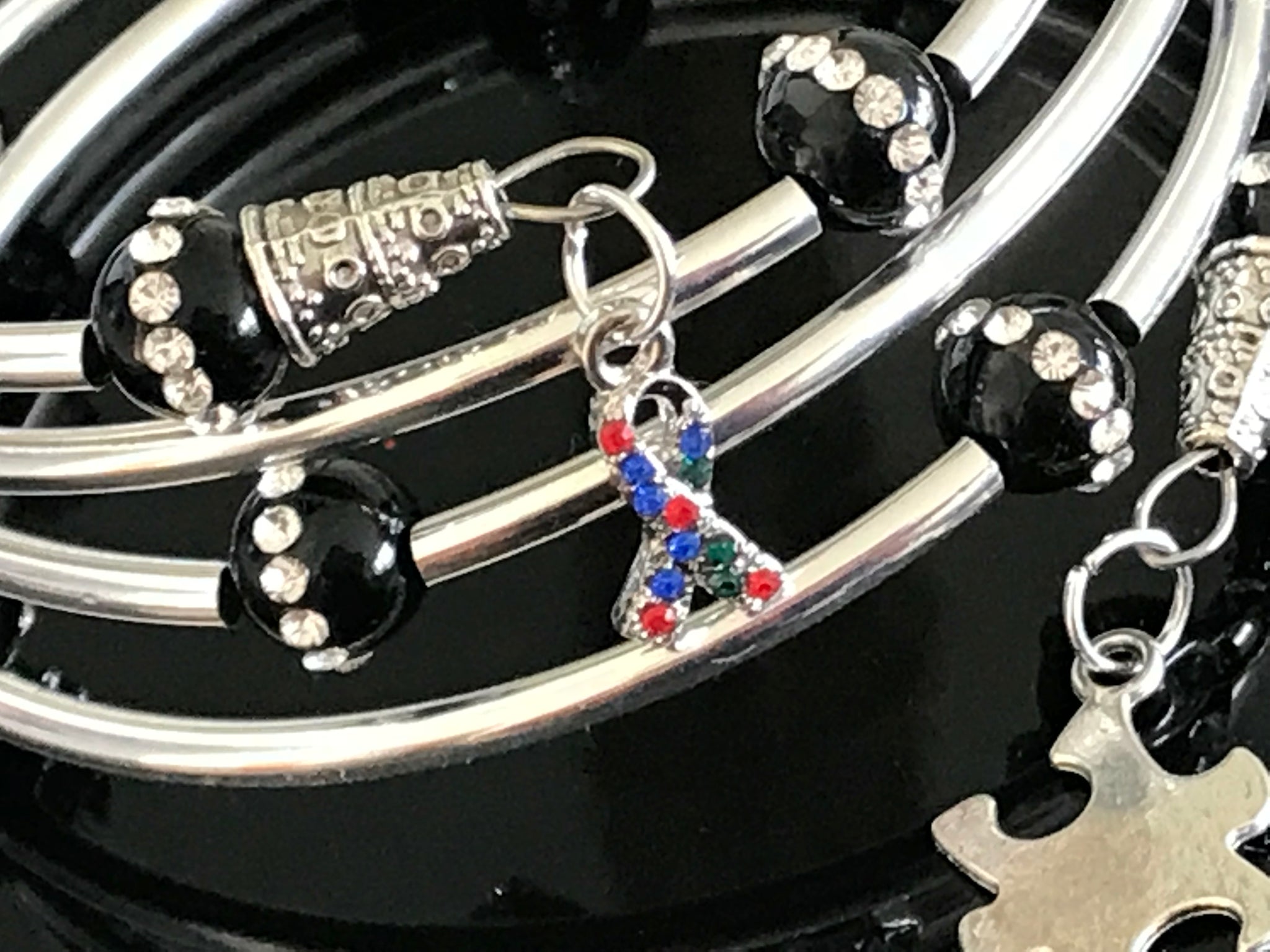 Autism awareness black onyx cubic zirconia beads memory wire bracelet