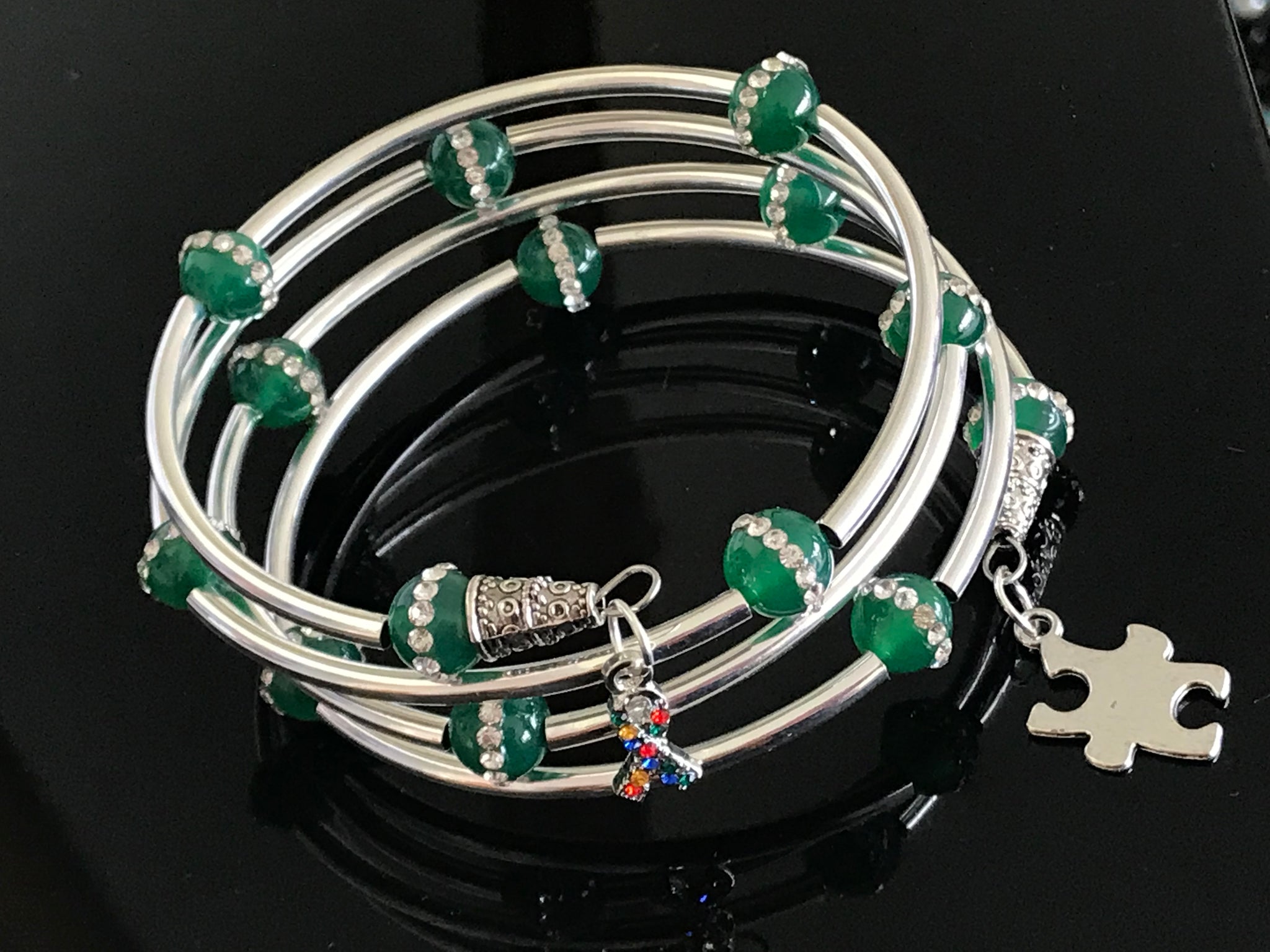 Autism Awareness green jade cubic zirconia bracelet