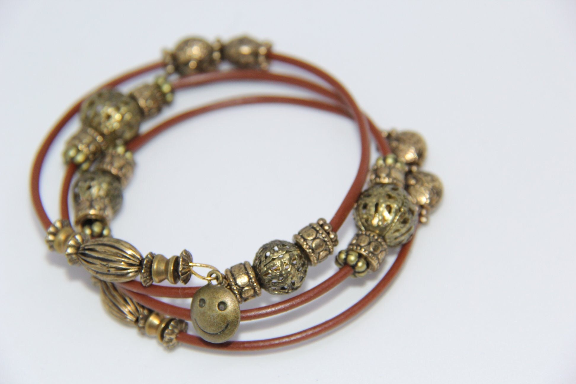 Brown leather memory wire bracelet