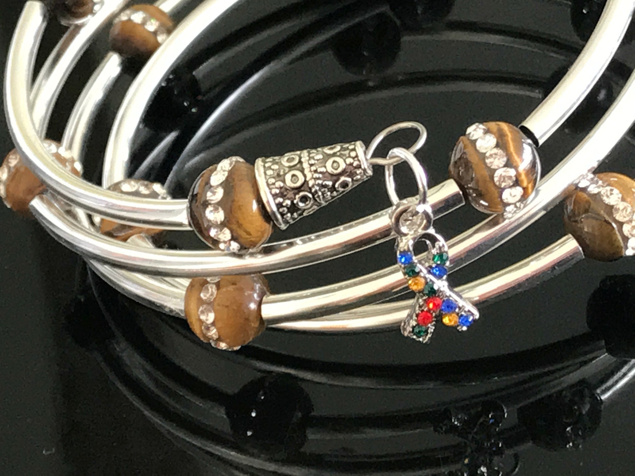 Autism awareness tiger eye cubic zirconia memory wire bracelet