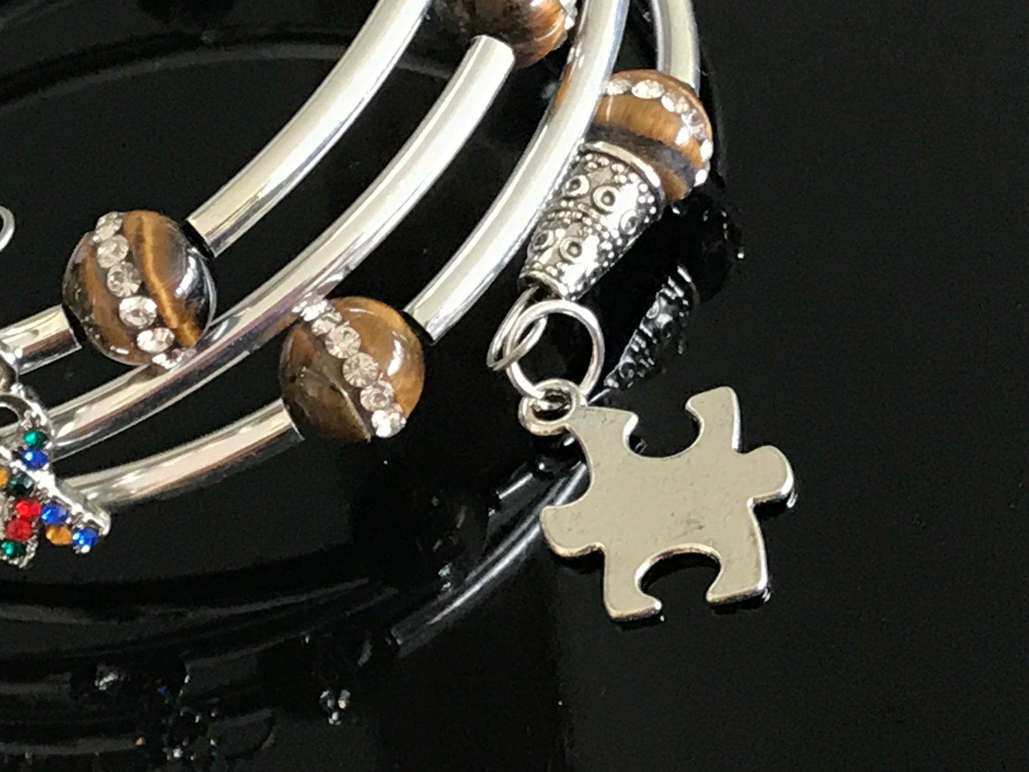 Autism awareness tiger eye cubic zirconia memory wire bracelet