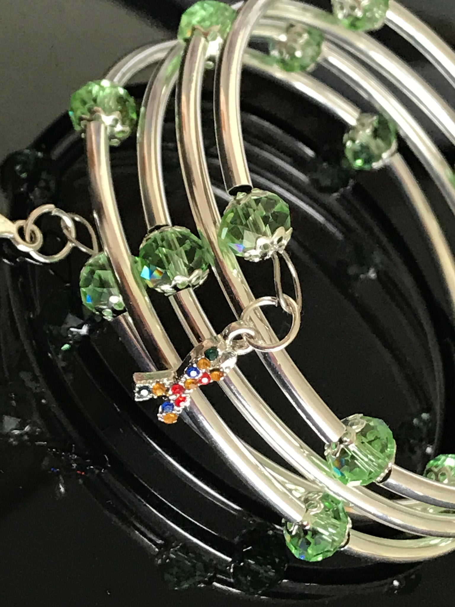 Autism Awareness bracelet memory wire lite green crystal silver noodle beads