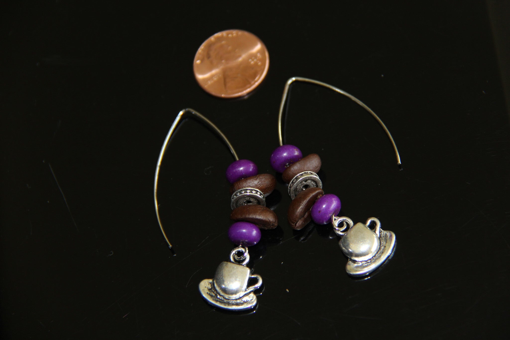 Natural coffee beans with purple, green, yellow, pink, blue howlite beads ear rings