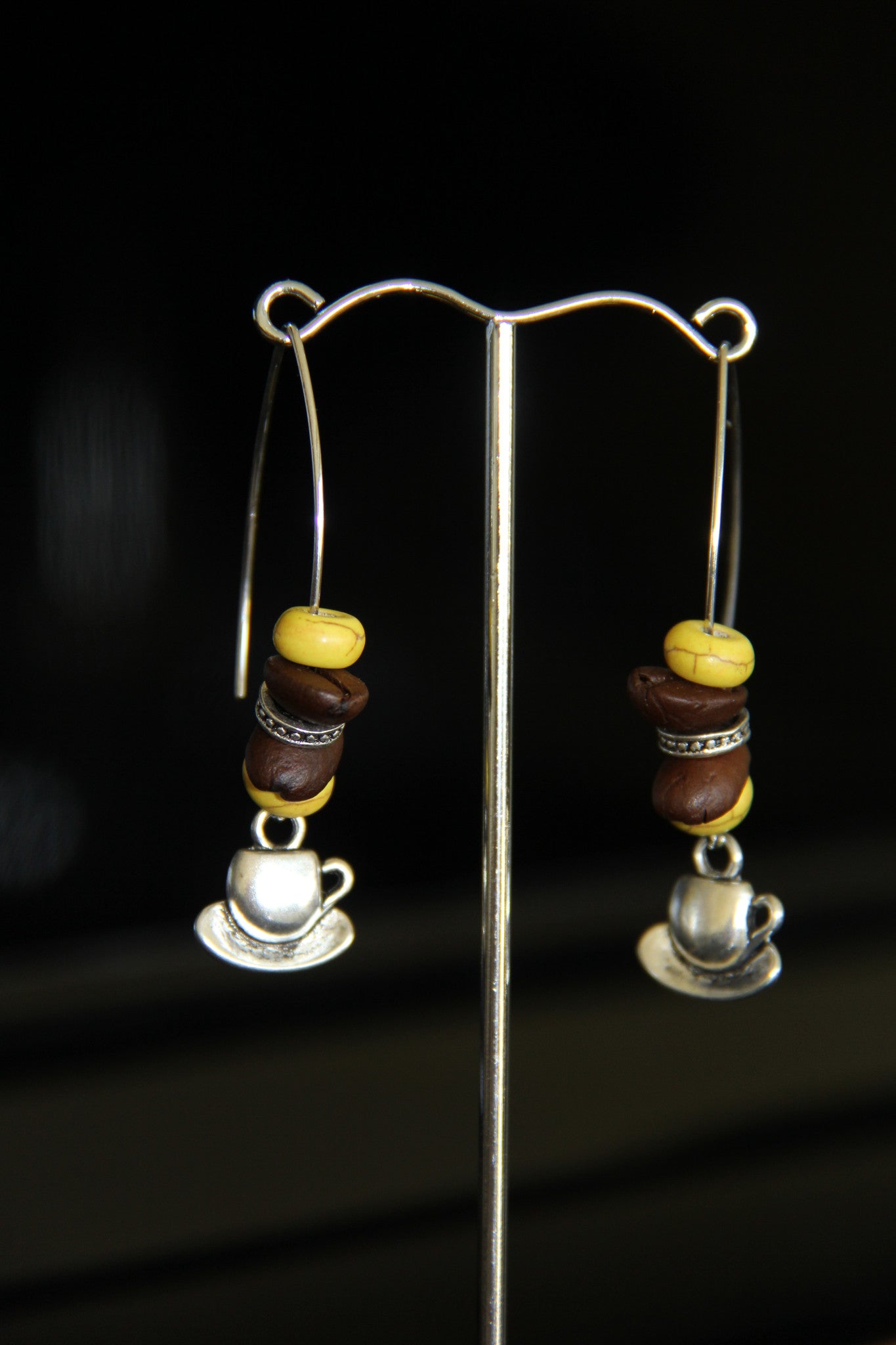 Natural coffee beans with purple, green, yellow, pink, blue howlite beads ear rings