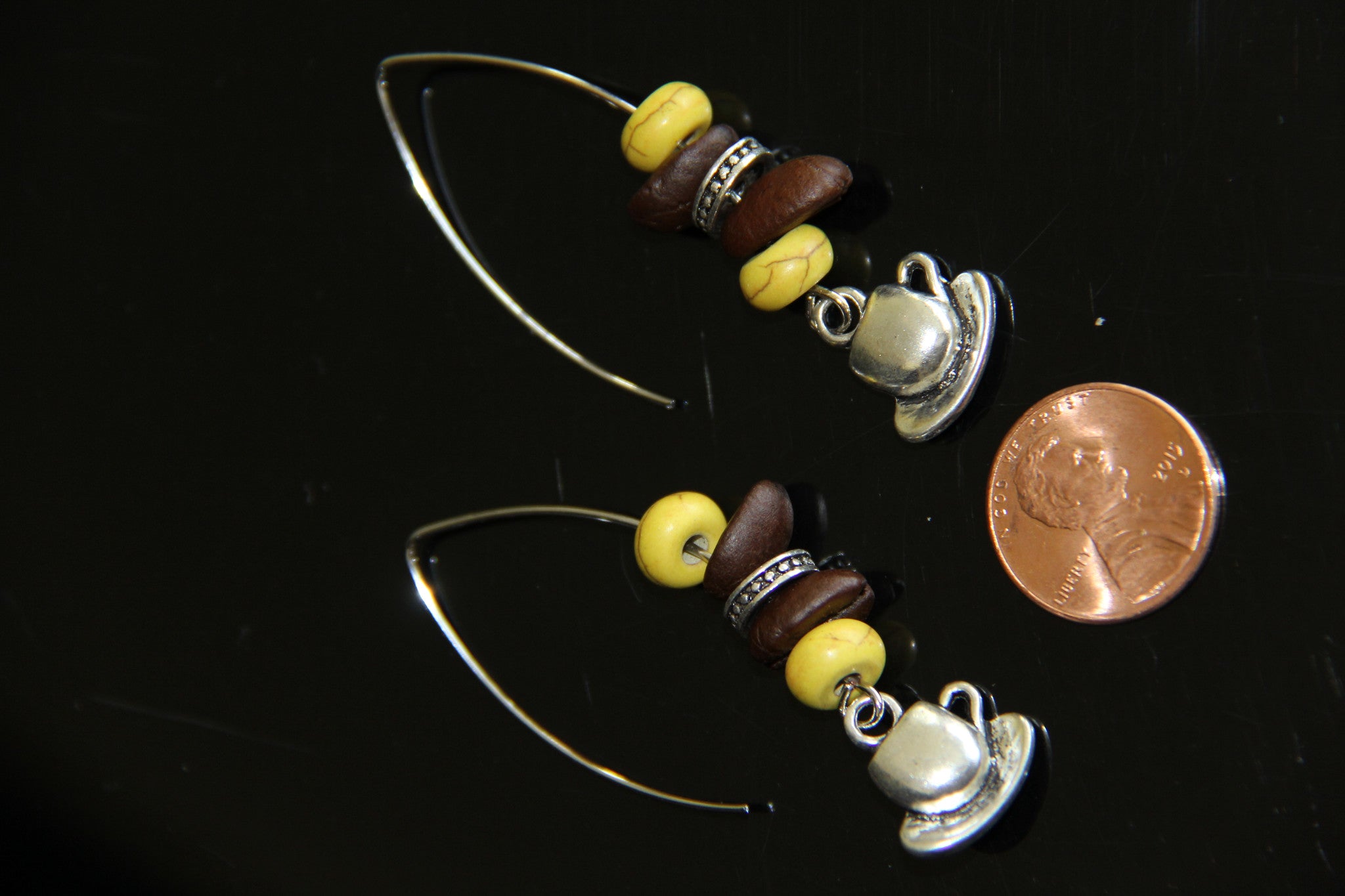 Natural coffee beans with purple, green, yellow, pink, blue howlite beads ear rings