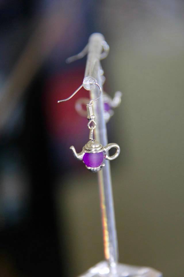 Tea pot ear rings handmade with sea glass beads