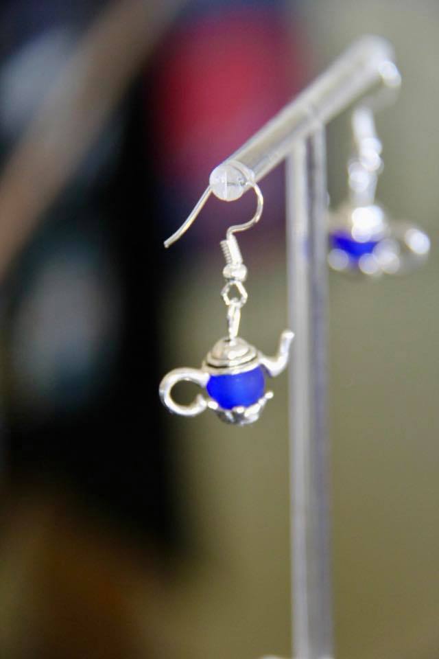 Tea pot ear rings handmade with sea glass beads