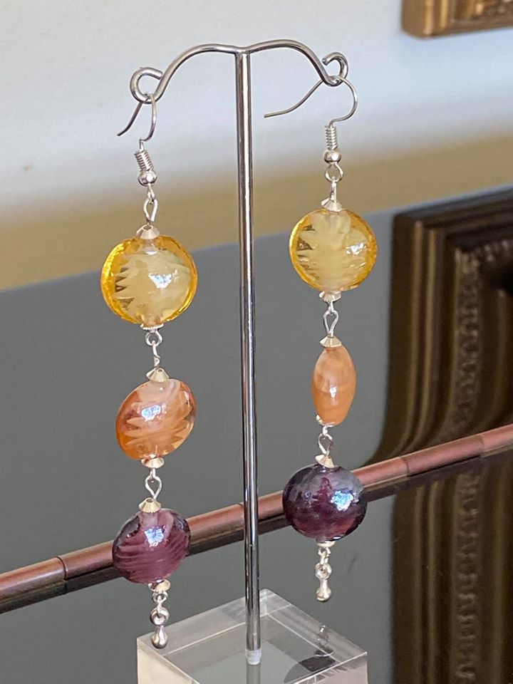 Summer Earrings with flat multi colored glass lampwork beads