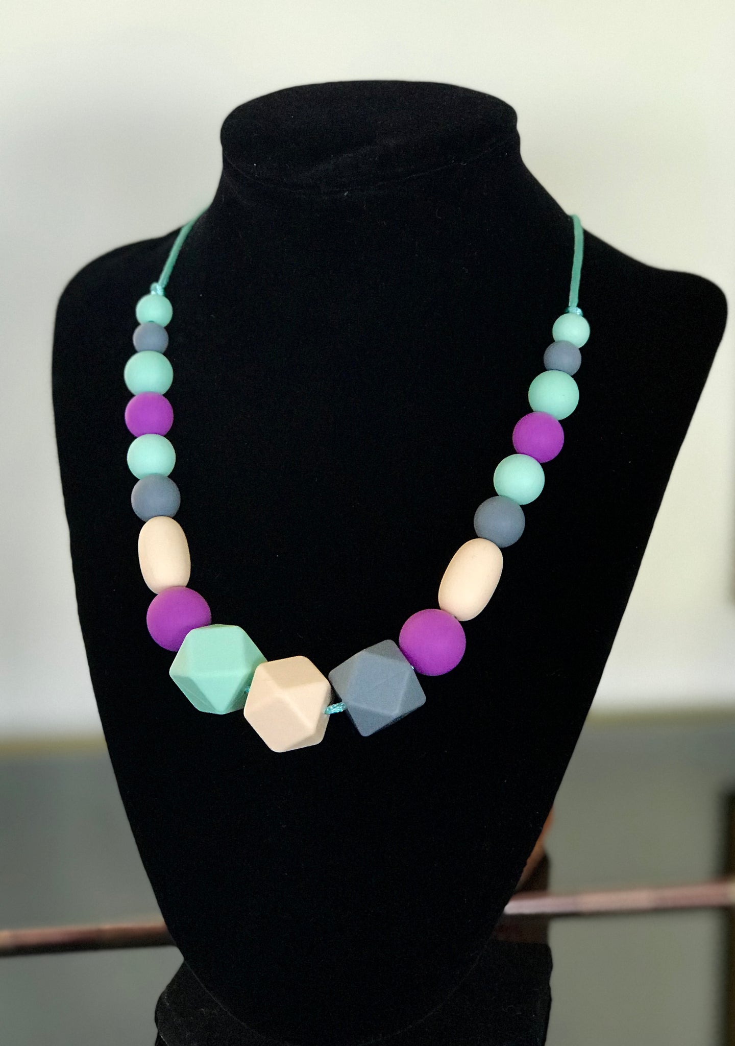 Chewy Neckalce - Beige Grey Purple Mint colored beads