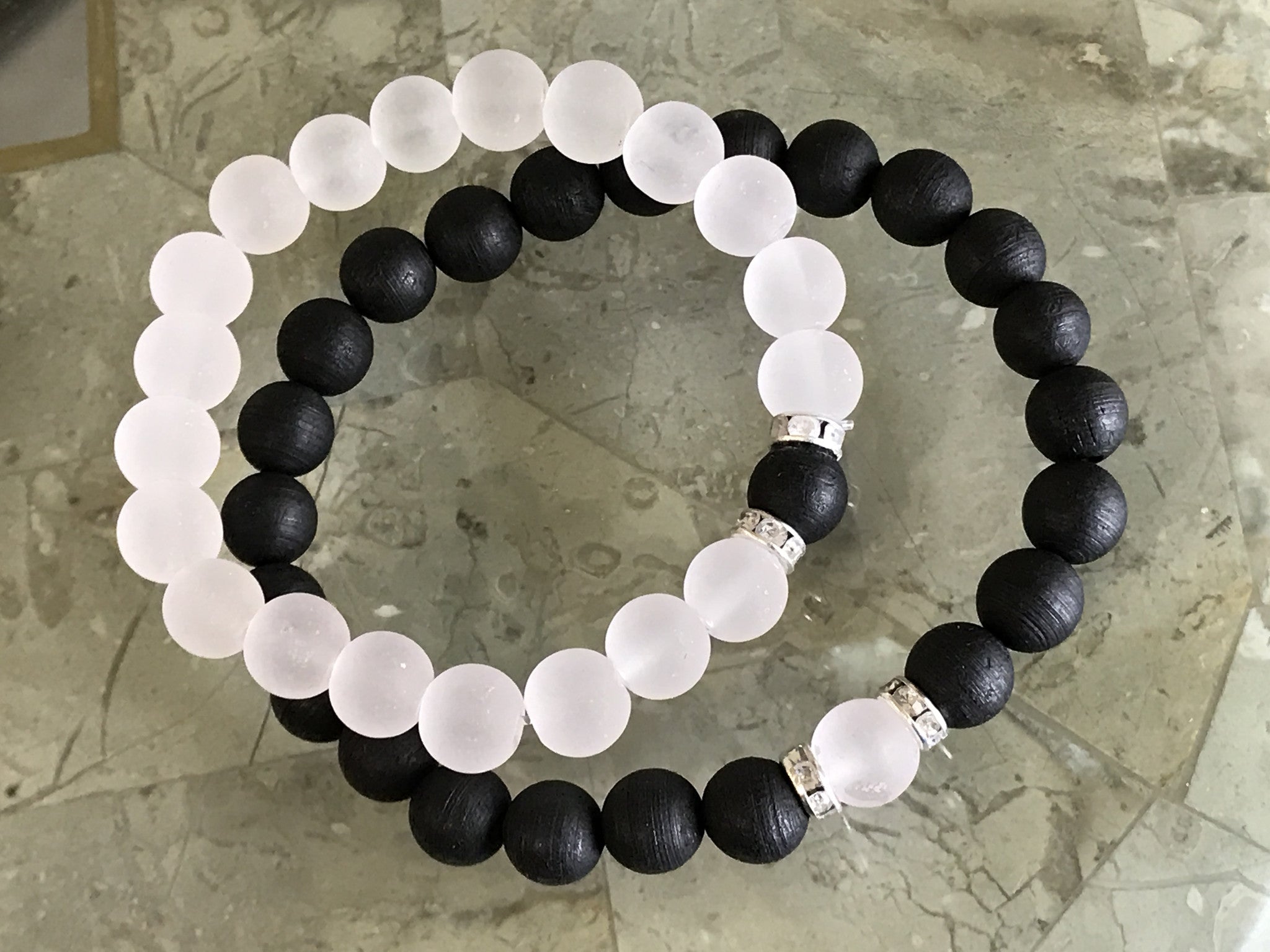Two bracelets Natural Aquilaria agarwood & frosted glass beads