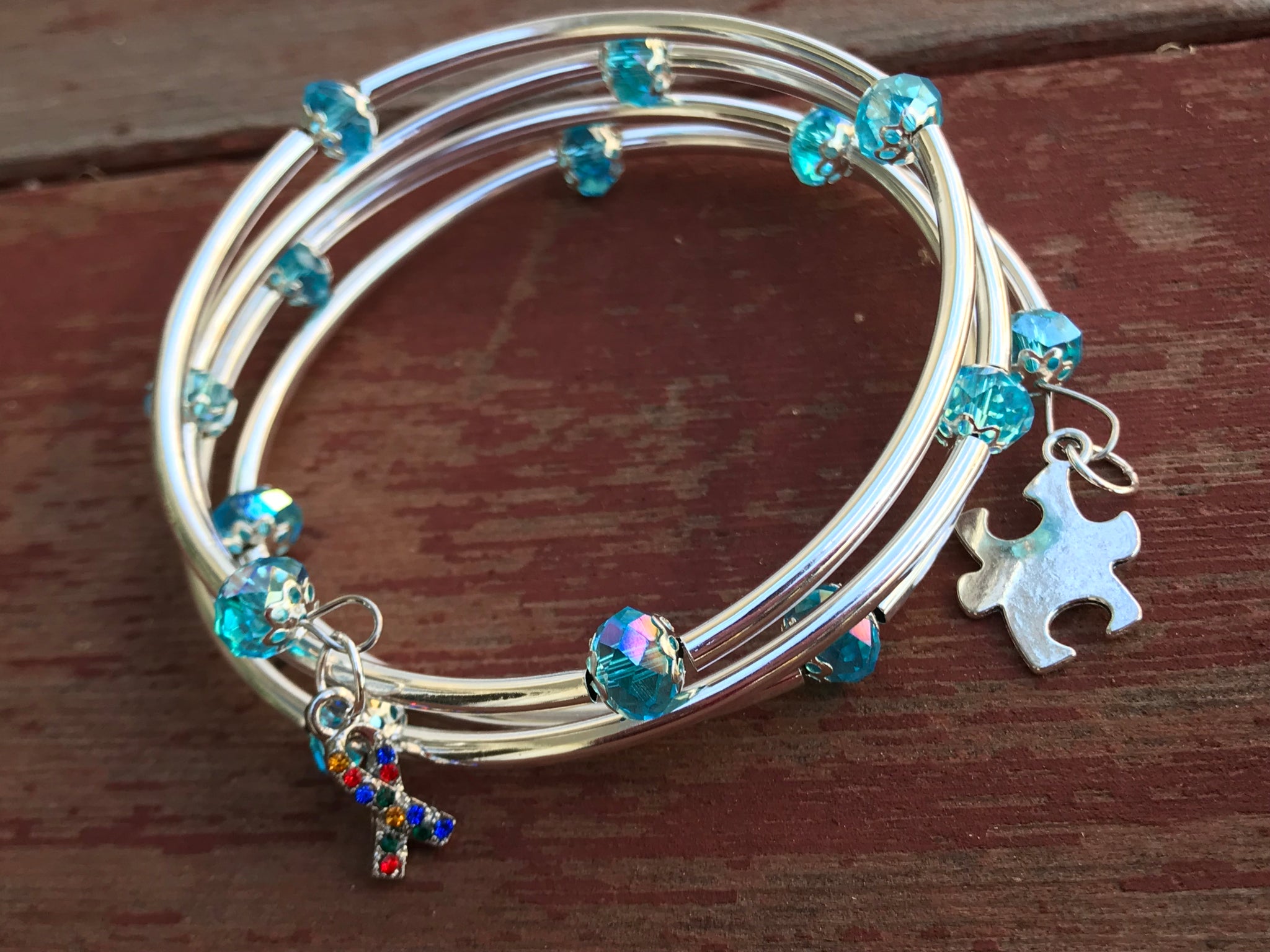 Autism Awareness Memory wire sky blue crystal silver noodle beads bracelet