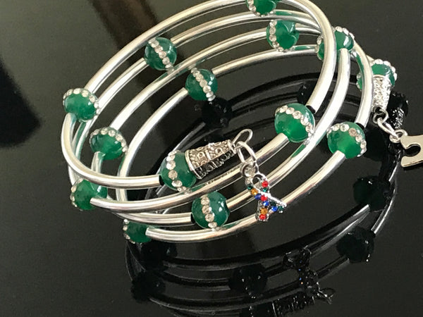 Autism Awareness green jade cubic zirconia bracelet