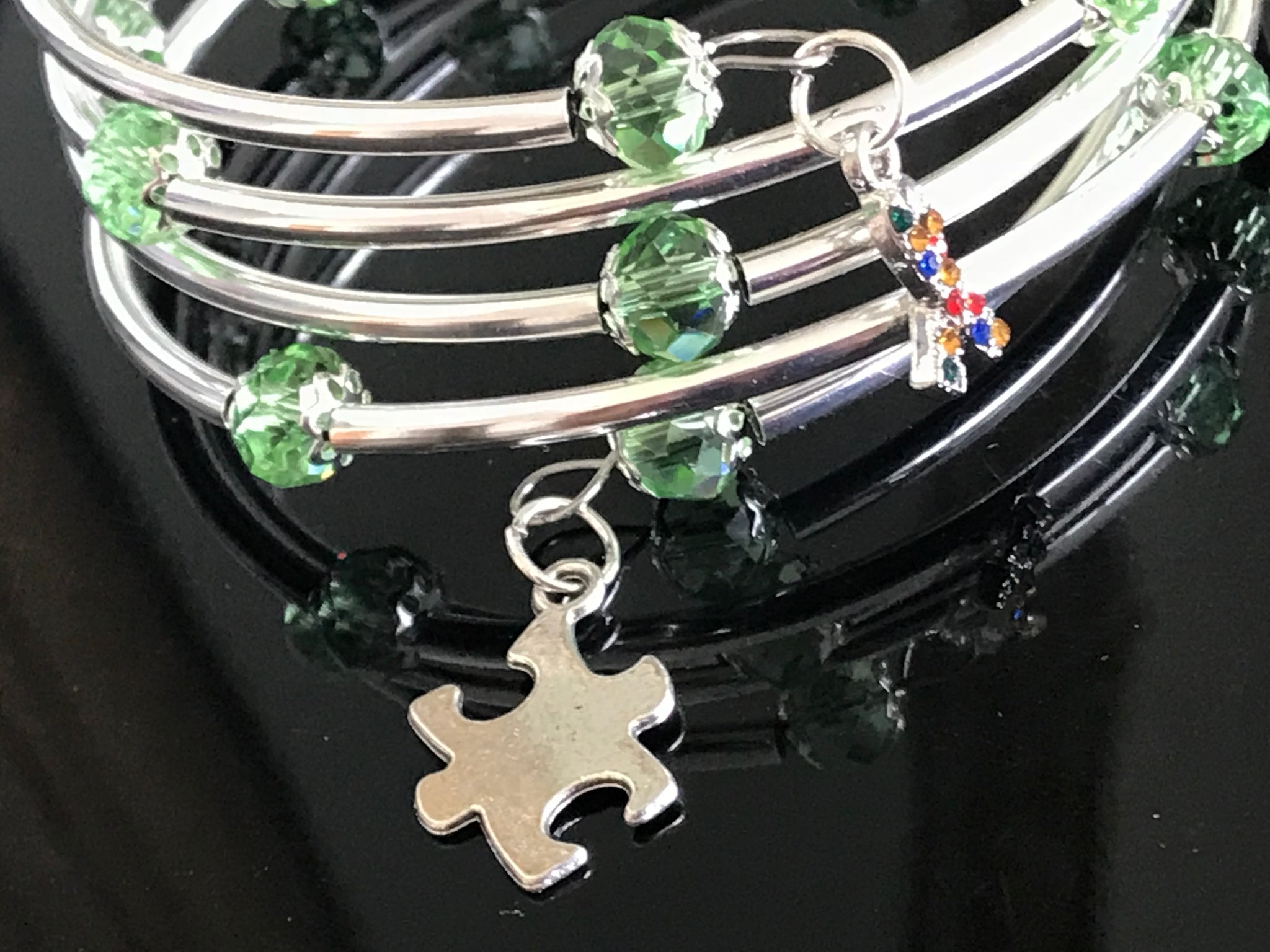 Autism Awareness bracelet memory wire lite green crystal silver noodle beads