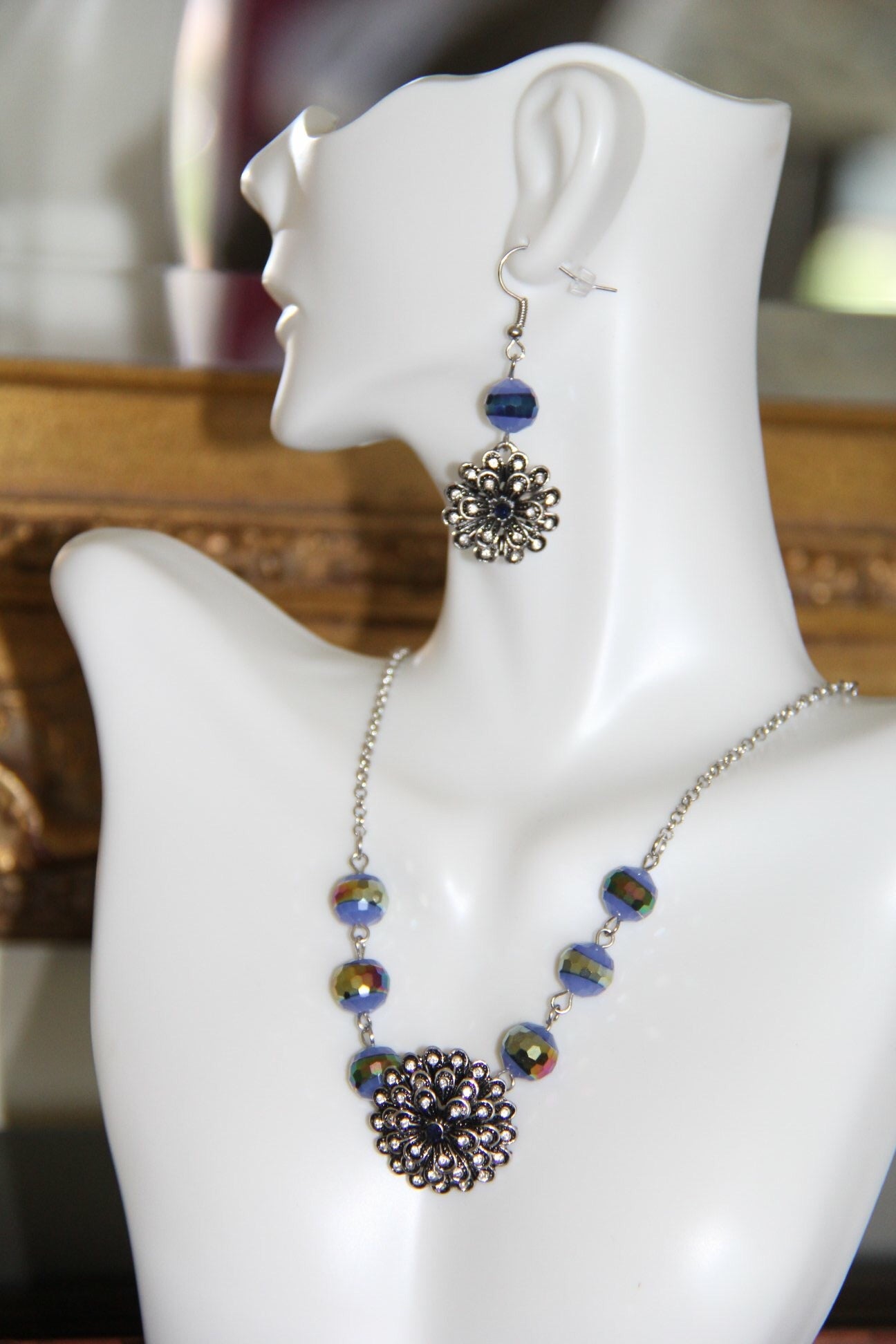 Silver necklace with Blue glass beads