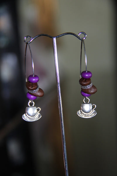 Natural coffee beans with purple, green, yellow, pink, blue howlite beads ear rings